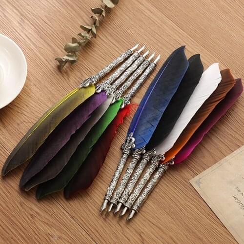 1 Set English Calligraphy Feather Dip Pen Writing Stationery Set Birthday Gift Retro Quill Fountain Pen with 5 Nib Office Supply