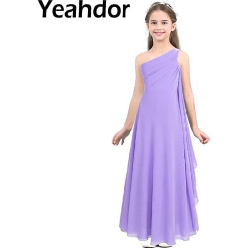 Kids Girls Pleated Chiffon One Shoulder Rhinestone Formal Birthday Princess Dress Flower Girl Dress for Pageant Wedding Party
