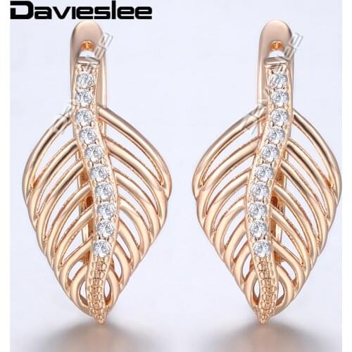 Davieslee Leaf Shaped Stud Earrings For Women CZ 585 Rose Gold Womens Earrings Fashion Woman Jewelry 2018 Wholesale Gifts LGE166