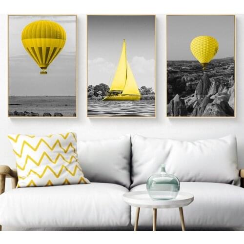 Gray Sky Yellow Hot Air Balloon Picture Decor Canvas Painting Aesthetic Room Bedroom Living Room Printing Poster Wall Art Decor