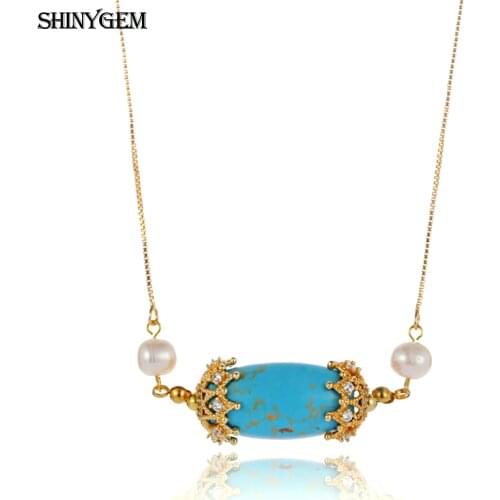 Trendy Golden Crown Natural Blue Turquoises Stone Choker Necklace Pendant 7-8mm Round White Pearl Necklaces For Women Party Gift