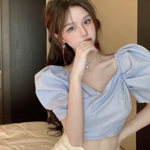 Crop Top Print V-neck Puff Sleeve Fashion Women Blouses 2021 Summer Vintage Style Slim Shirts Female Clothes Korean White