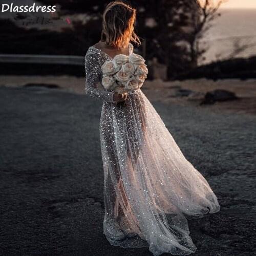 Vkiss Evening Dress Illusion A-line Sequin V-neck Floor Length Hot Sale Photography Shoot Prom Gown robe de soirée de mariage