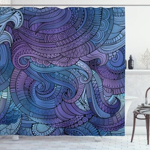 Modern Shower Curtain Set Zentangle Ornament Violet Blue Swirls Curtain for Bathroom Decor 12 Hooks Decorative Bath Accessory