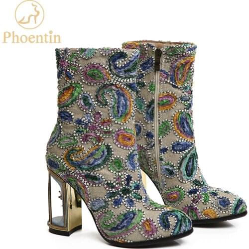 Phoentin ethnic print flower womens boots mixed color crystal bird cage high heels 10cm high quality female short boots FT255