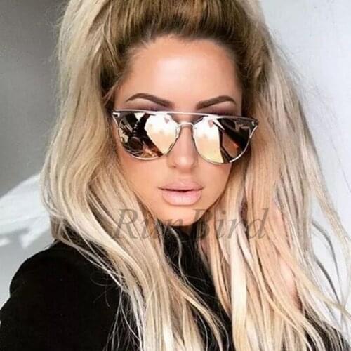 RunBird Barbe Pink Brand Cat Eye Flat Top Alloy Summer Vintage Women Designer Sunglasses Mens Coating Mirror Oculos Redondo R549