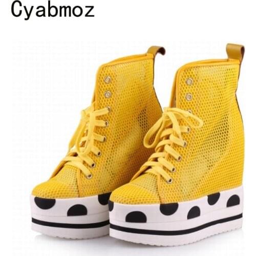 Cyabmoz Women High top Platform Wedge Shoes Sexy High heels Height increasing Breathable Hollow White Woman Casual Ladies Shoes