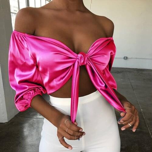 Sexy Satin Slik Crop Top Women Bow Sashes V Neck Crop Top Sleeveless Half Sleeve Cropped Backless Cropped Feminino Tank Top