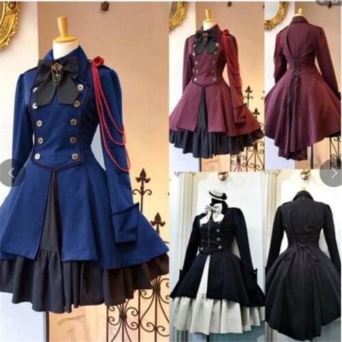 2021 Anime New Fashion Retro Gothic Lolita Dress Ruffled Bow Tie Button Lace Knee Long Dress Long Sleeve Sweet Dress