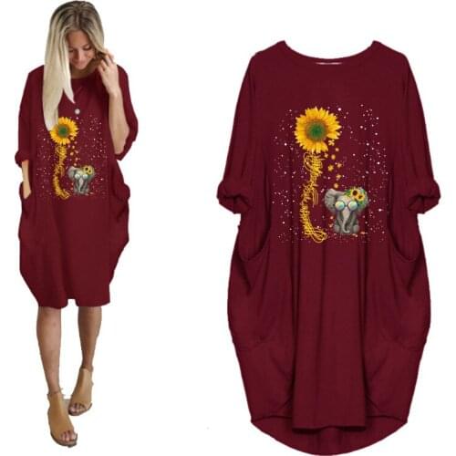 Women Cotton Autumn Spring Midi Dress Cute Funny Elephant Sunflower Print Casual Loose Pocket T Shirt Dresses Elephant Long Tops
