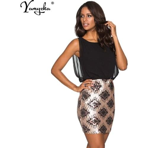 2020 New Sundress Sexy Women Sequined Party Dress Sleeveless Black Chiffon Gold Sequin Patchwork Mini Dresses Vestido De Festa