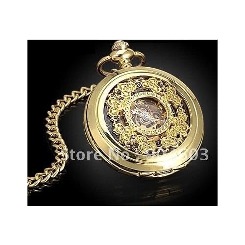 8001G) 6pcs/lot Elegant Engraved Mechanical Pocket Watch, golden colors.free shipping