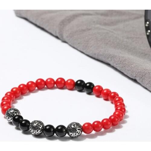 Red coral black onyx stainless steel beads bracelet natural stone beaded Lovers bracelets 50pcs/lot+free shipping