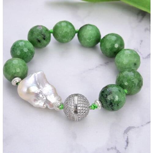 8" 16mm Natural Faceted Red Green Ruby zosite Stone White Keshi Pearl Bracelet