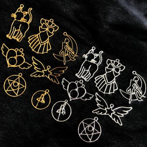 Moon Girl Cat Open Bezel Resin Craft Pendant DIY UV Resin Jewelry Making Pretty Soldier Dress Charms Metal Frame Key Chain