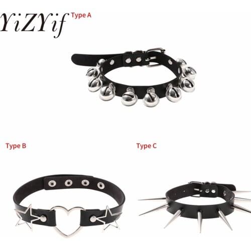 Black Leather Spike Rivet Stud Collar Choker Punk Rock Gothic Chokers Bells Pendant For Women Men Necklace Statement Jewelry