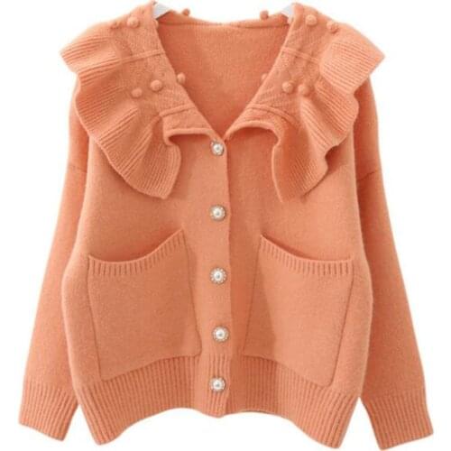 Spring Autumn Ruffles Knitted Cardigan Sweater Women Korean Long Sleeve Soft Cute Coat Girls Chic Green Orange Beige Outerwear