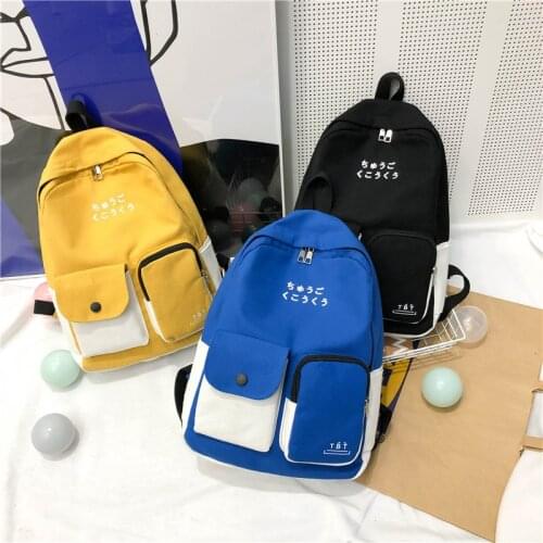 Multi-pocket Canvas Backpack Women School Bags For Teenage High School Back Pack Female Casual Bagpack Contrast Color Backbag