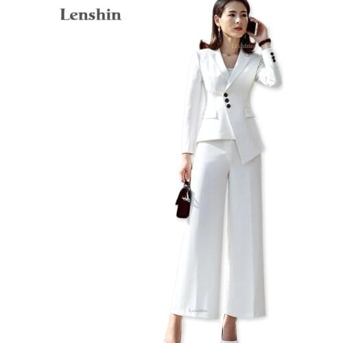 Lenshin 2 Pieces Suit Formal Pant Suit with Pocket Women Work Wear Office Lady Uniform Style Business Blazer with Flare Trouser