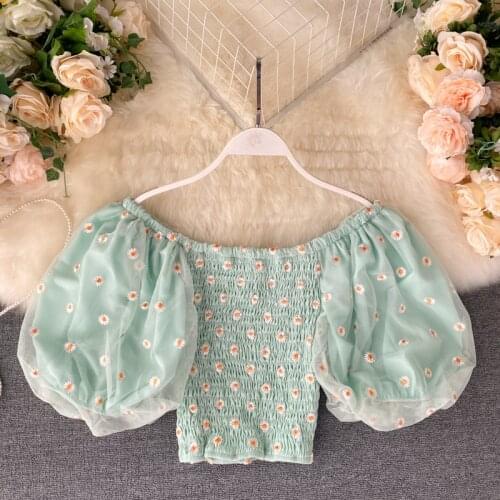 Female Crop Top 2020 Summer New Embroidery Daisy Short Blouse Girls Ladies Blouses Tops Blusas Mujer De Moda 2020 5 Colors