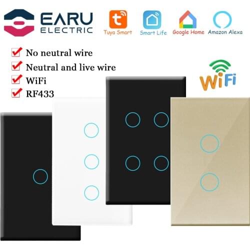 US 1/2/3/4 Gang Smart RF433 Wifi Wall Light Touch Switch Glass Panel No Neutral Wire Required Alexa Google Smart Life Home Tuya