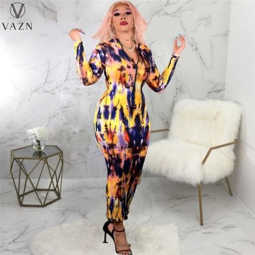 VAZN 2021 New Fashion Hot Sale Women Street Casual Style Long Dresses Long Sleeve Zipper Printed Ankle-Length Dresses