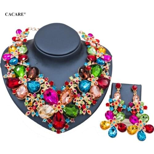 Luxury Vintage Jewelry Set Necklace Earrings Maxi Women Big Pendent CHEAP Statement Collares F0183 with Rhinestones 5 Colors
