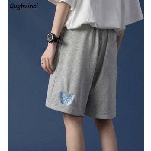 Shorts Women Summer High-waist Drawstring Butterfly-embroidery Knee-length BF Streetwear Unisex Loose Wide-leg Loose Womens Chic