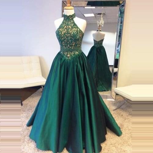 Dark Green Evening Dresses Halter Neck Sleeveless Satin Evening Party Gowns Backless Lace Beading Formal Dresses Robe De Soiree