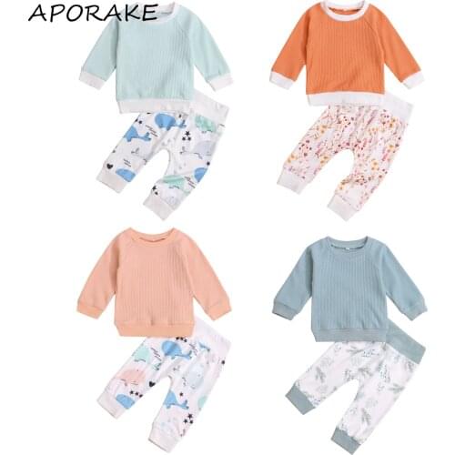 2021 0-24M Spring Fall Baby Girl Boy Clothing Set Patch Long Sleeve Sweatshirt+Cartoon Whale/Floral Print Pants Casual Outfits