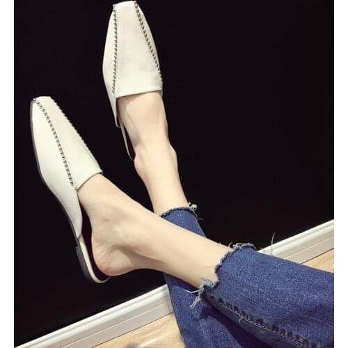 Womens shoes spring 2021 new fashion retro rivet square toe low-heel slippers mules