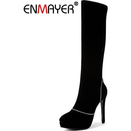 ENMAYER Woman Knee High boots Winter Causal Round toe Thigh High boots Black Big Size 33-43 High heel Zip Platform Shoes CR1641