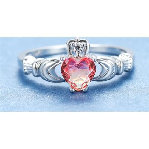 Pink Yellow Heart Zircon Crown Claddagh Rings For Women Simple Fashion Jewelry Female Rainbow Stone Ring Valentines Day Gifts