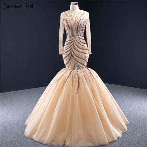 Gold Dubai Luxury Mermaid Design Wedding Dresses Long Sleeves Sequins Beading Bride Gowns 2021 Serene Hill HM66946 Custom Made