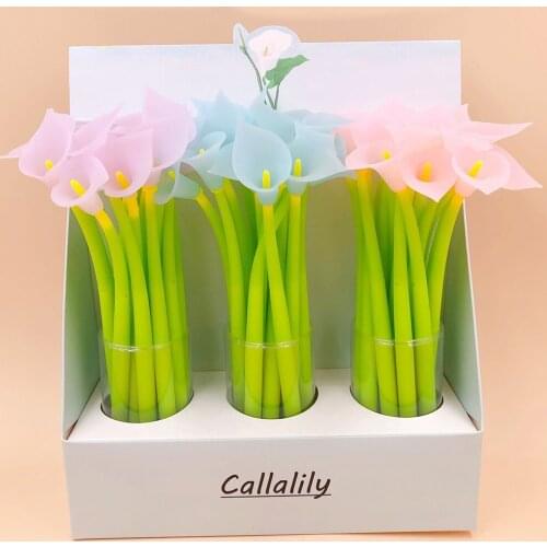 24Pcs Creative Cute Funny Pens Calla Lily Flower Kawaii Stationery School Rollerball Ballpoint Roller Ball Wedding Ceremony Gift