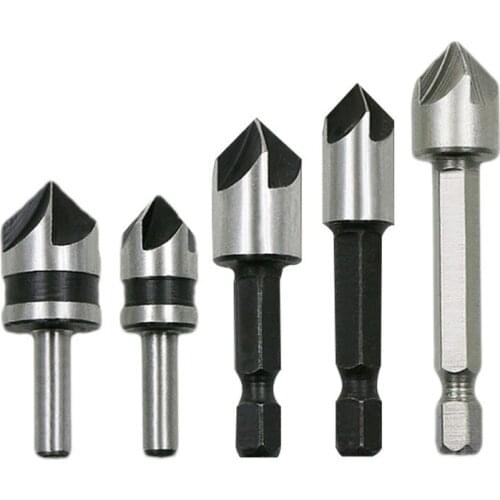 5pc Industrial Countersink Drill Bit Set 5 Flutes Counter Sink Woodworking Drill Bits Metal Working Chamfer Chamfering Cutter