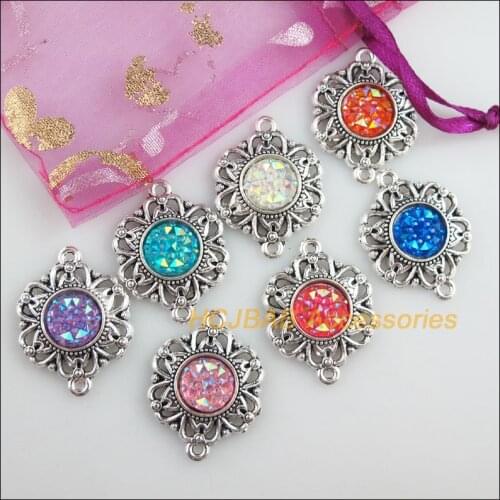 7 New Flower Charms Tibetan Silver Tone Retro Mixed Round Resin Connectors 21.5x28mm