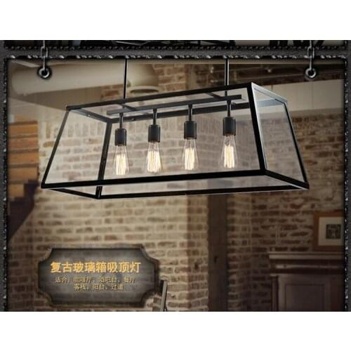American Minimalist Industrial Loft Wrought Iron Table Rectangular glass Box Chandelier 110-240V