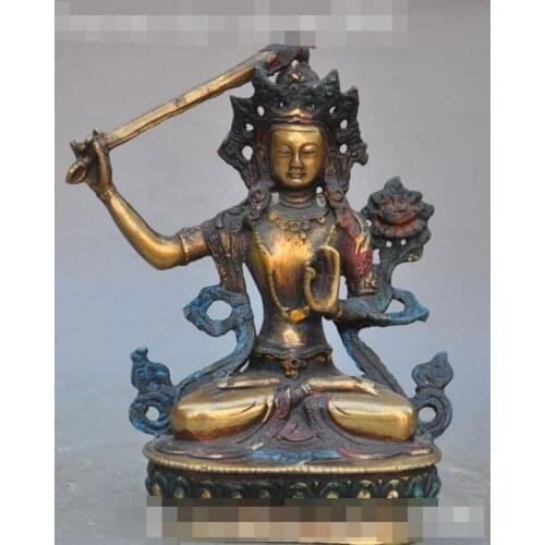 Free shipping S00533 6"Tibet Buddhism Bronze Painting Manjusri Bodhisattva kwan-yin Buddha Statue