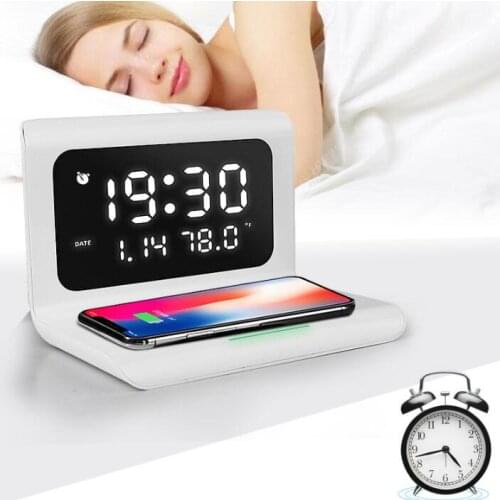 Wireless Charger Pad with LED Digital Alarm Mirror Clock 12/24H Temperature Date 10w Fast Charging for Iphone 12 universal