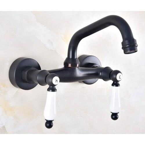 Black Brass Wall Mounted Basin Faucet 360 Degree Swivel Spout Bathroom Sink Faucet Double Hot & Cold Handle Mixer Tap Knf821