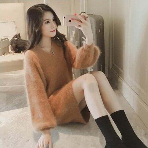 Long Sweater Pullover 2021 Mohair Solid Color Autumn Spring v-neck Long Sleeve Winter Clothes Vestidos LXJ896