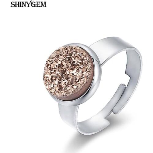 ShinyGem 10-16mm Stainless Steel Round Natural Crystal Druzy Gem Stone Rings Adjustable Dainty Finger Ring For Women Gift
