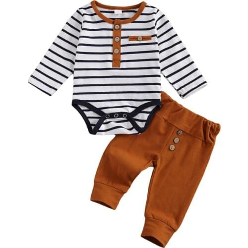 2Pcs Infant Baby Boy Casual Clothes Sets Long Sleeve Stripe Romper Bodysuit Solid Color Button Trousers Leggings Cotton