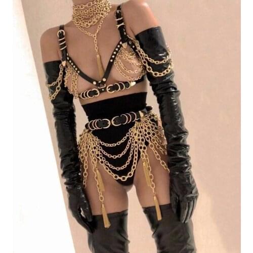 2019 Gold Chains female Costume Stage wear show Evening party Nightclub Bar Singer Dance Performance prom