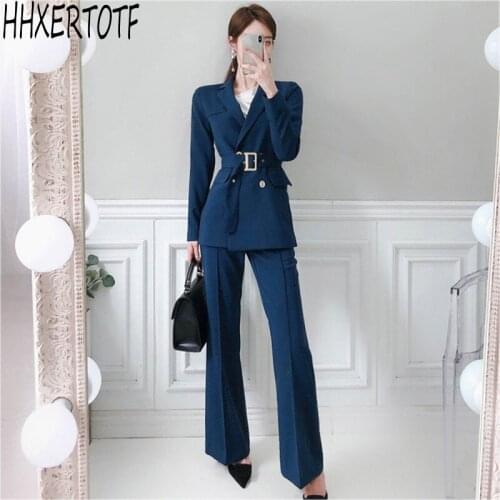 Autumn winter Occupation Female Sets Korean Belt Women Pant Suit Double breasted Blazer Jacket + Pant Office Wear Women Suits