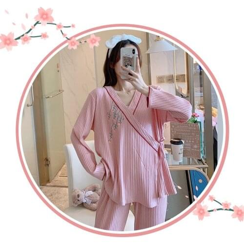 Maternity summer clothes, thin confinement clothes, cotton embroidery kimono, nursing pajamas