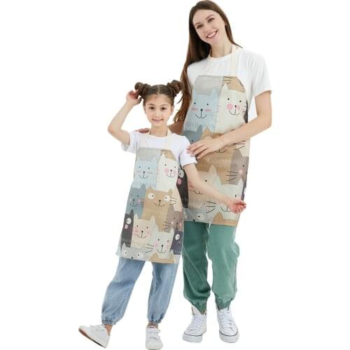 Cute Kitten Parent-Child Apron Linen Sleeveless Aprons For Men Women Kids Painting Bibs Mom Apron Cook Wear Home Cleaning Tools