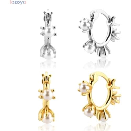 LOZOYA 925 Sterling Silver Gold 2021 Fashion Rock Pearl Huggies Pendiente Hoops Earring Circle Round Zircon Natural Punk Jewels