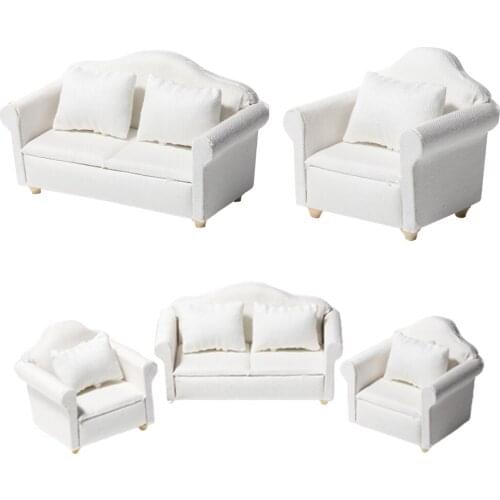 1/12 Dollhouse Miniature Accessories Mini White Sofa with Pillow Set Simulation Furniture Model Toy for Doll House Decoration